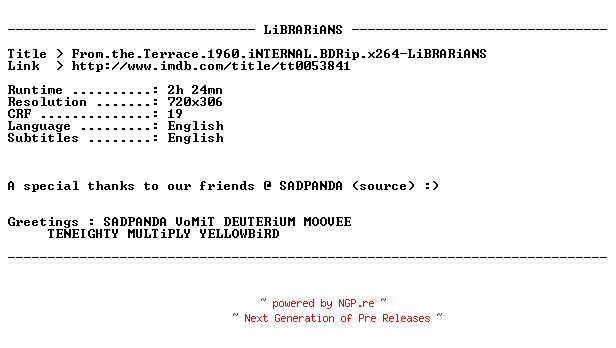NFO for the release From.the.Terrace.1960.iNTERNAL.BDRip.x264-LiBRARiANS by LiBRARiANS