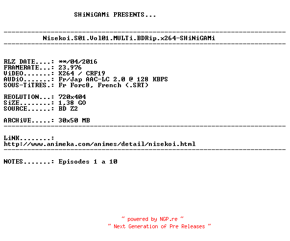 NFO for the release Nisekoi.S01.Vol01.MULTi.BDRip.x264-SHiNiGAMi by SHiNiGAMi