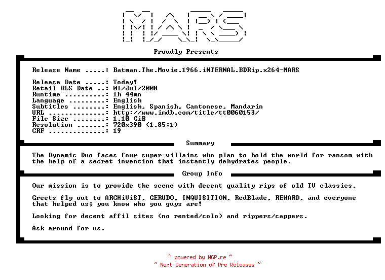 NFO for the release Batman.The.Movie.1966.iNTERNAL.BDRip.x264-MARS by MARS