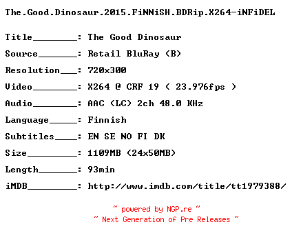 NFO for the release The.Good.Dinosaur.2015.FiNNiSH.BDRip.X264-iNFiDEL by iNFiDEL