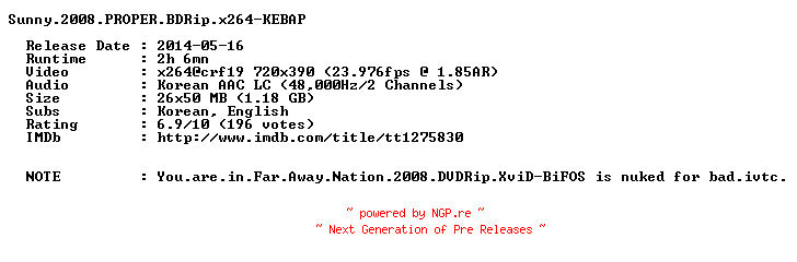 NFO for the release Sunny.2008.PROPER.BDRip.x264-KEBAP by KEBAP