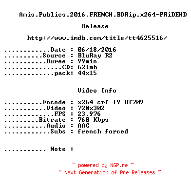 NFO for the release Amis.Publics.2016.FRENCH.BDRip.x264-PRiDEHD by PRiDEHD