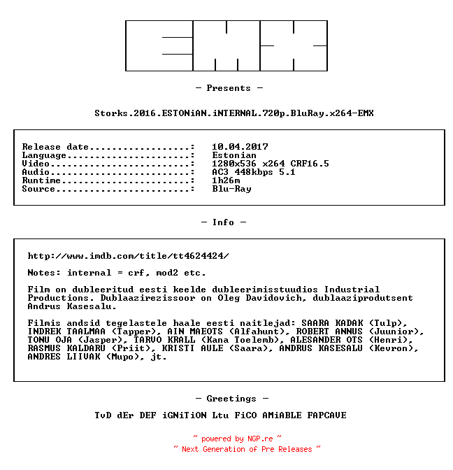 NFO for the release Storks.2016.ESTONiAN.iNTERNAL.720p.BluRay.x264-EMX by EMX