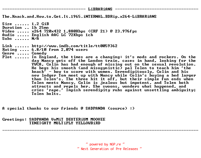NFO for the release The.Knack.and.How.to.Get.It.1965.iNTERNAL.BDRip.x264-LiBRARiANS by LiBRARiANS