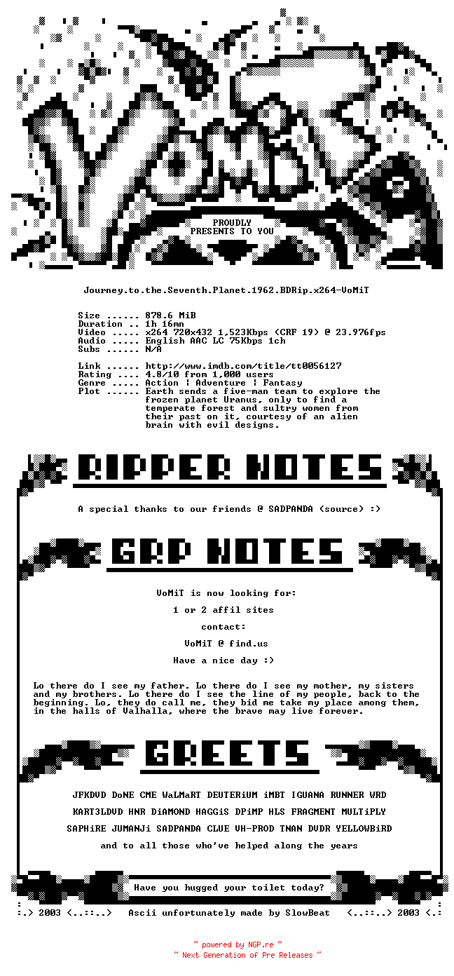 NFO for the release Journey.to.the.Seventh.Planet.1962.BDRip.x264-VoMiT by VoMiT