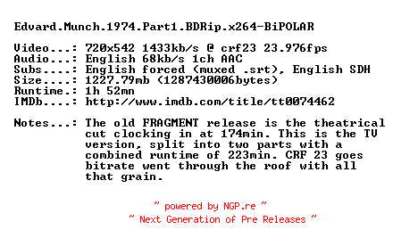 NFO for the release Edvard.Munch.1974.Part1.BDRip.x264-BiPOLAR by BiPOLAR
