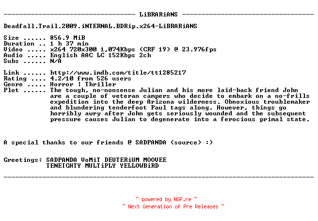 NFO for the release Deadfall.Trail.2009.iNTERNAL.BDRip.x264-LiBRARiANS by LiBRARiANS