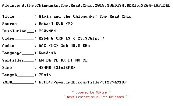 NFO for the release Alvin.and.the.Chipmunks.The.Road.Chip.2015.DANiSH.BDRip.X264-iNFiDEL by iNFiDEL