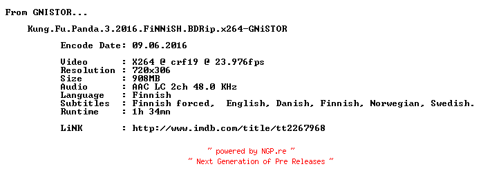 NFO for the release Kung.Fu.Panda.3.2016.FiNNiSH.BDRip.x264-GNiSTOR by GNiSTOR