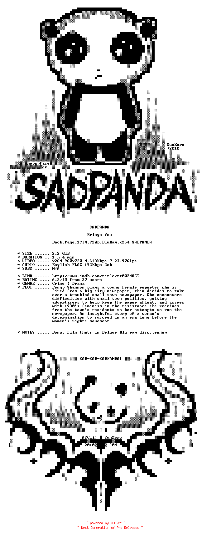 NFO for the release Back.Page.1934.720p.BluRay.x264-SADPANDA by SADPANDA