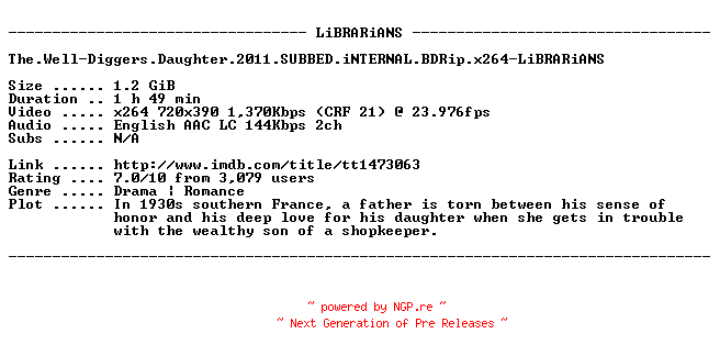 NFO for the release The.Well-Diggers.Daughter.2011.SUBBED.iNTERNAL.BDRip.x264-LiBRARiANS by LiBRARiANS
