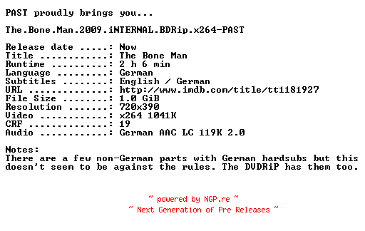 NFO for the release The.Bone.Man.2009.iNTERNAL.BDRip.x264-PAST by PAST