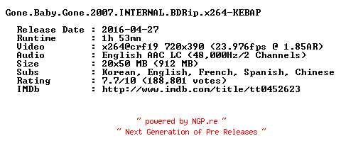 NFO for the release Gone.Baby.Gone.2007.INTERNAL.BDRip.x264-KEBAP by KEBAP
