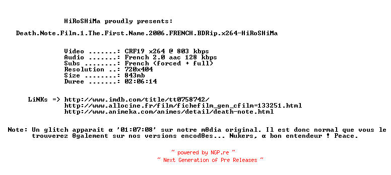NFO for the release Death.Note.Film.1.The.First.Name.2006.FRENCH.BDRip.x264-HiRoSHiMa by HiRoSHiMa