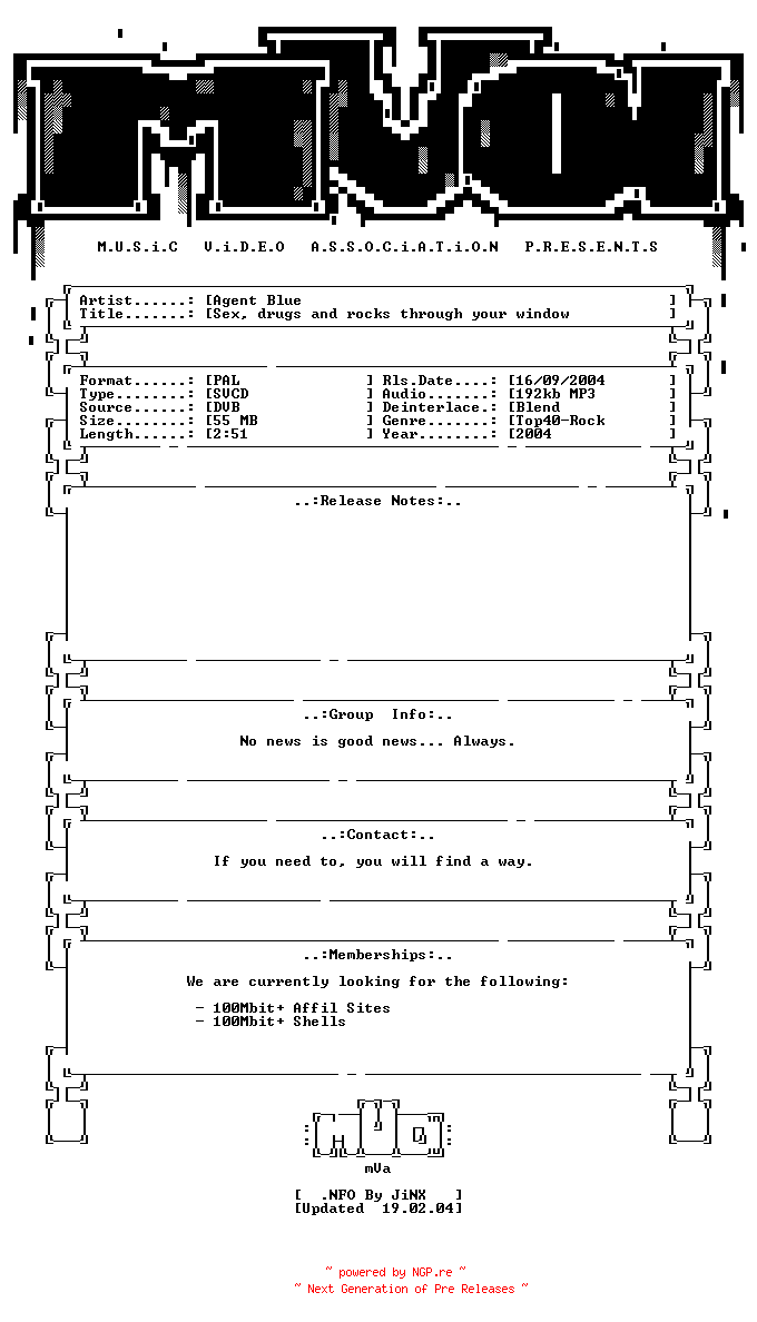 NFO for the release Agent_blue-sex_drugs_and_rocks_through_your_window-svcd-2004-mVa by mVa