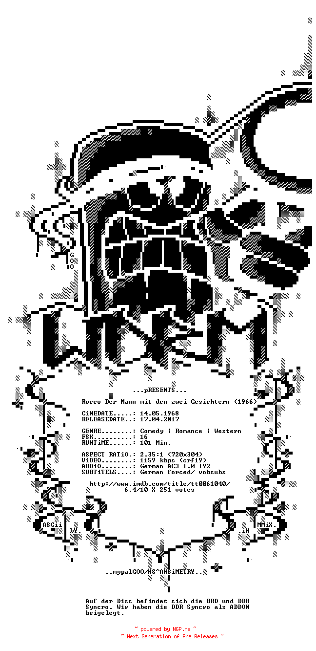 NFO for the release Rocco.der.Mann.mit.den.zwei.Gesichtern.1966.German.BDRiP.x264.READNFO-w0rm by w0rm