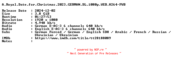NFO for the release A.Royal.Date.for.Christmas.2023.GERMAN.DL.1080p.WEB.H264-FWB by FWB