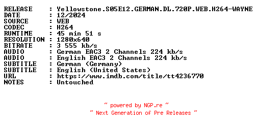 NFO for the release Yellowstone.S05E12.GERMAN.DL.720P.WEB.H264-WAYNE by WAYNE