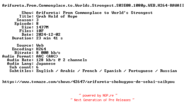 NFO for the release Arifureta.From.Commonplace.to.Worlds.Strongest.S03E08.1080p.WEB.H264-KAWAII by KAWAII