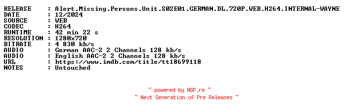 NFO for the release Alert.Missing.Persons.Unit.S02E01.GERMAN.DL.720P.WEB.H264.INTERNAL-WAYNE by WAYNE