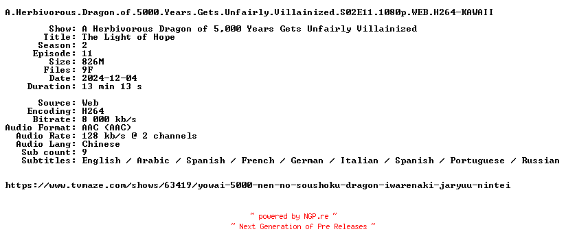 NFO for the release A.Herbivorous.Dragon.of.5000.Years.Gets.Unfairly.Villainized.S02E11.1080p.WEB.H264-KAWAII by KAWAII
