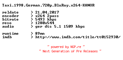 NFO for the release Taxi.1998.German.720p.BluRay.x264-XANOR by XANOR