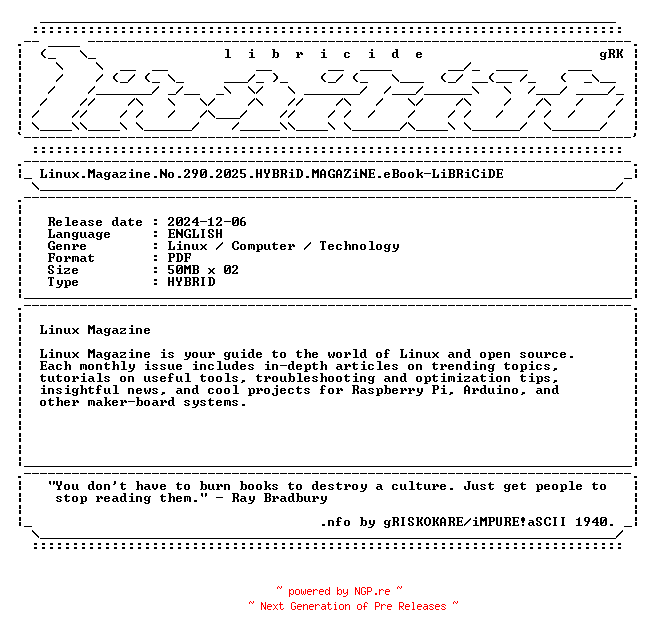 NFO for the release Linux.Magazine.No.290.2025.HYBRiD.MAGAZiNE.eBook-LiBRiCiDE by LiBRiCiDE