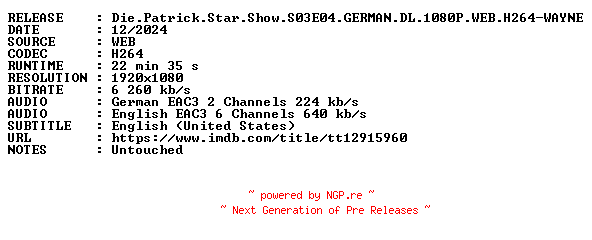 NFO for the release Die.Patrick.Star.Show.S03E04.GERMAN.DL.1080P.WEB.H264-WAYNE by WAYNE
