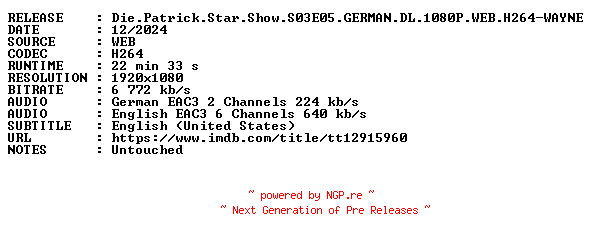 NFO for the release Die.Patrick.Star.Show.S03E05.GERMAN.DL.1080P.WEB.H264-WAYNE by WAYNE