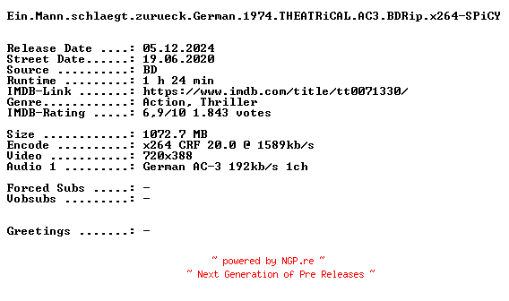 NFO for the release Ein.Mann.schlaegt.zurueck.German.1974.THEATRiCAL.AC3.BDRip.x264-SPiCY by SPiCY