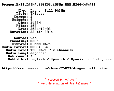 NFO for the release Dragon.Ball.DAIMA.S01E09.1080p.WEB.H264-KAWAII by KAWAII