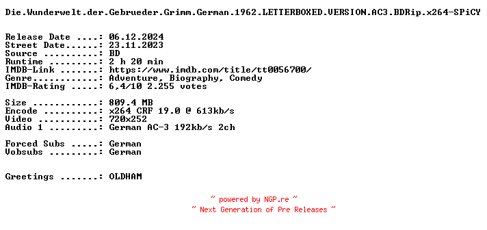 NFO for the release Die.Wunderwelt.der.Gebrueder.Grimm.German.1962.LETTERBOXED.VERSION.AC3.BDRip.x264-SPiCY by SPiCY