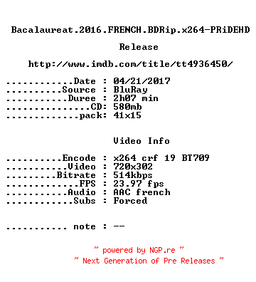 NFO for the release Bacalaureat.2016.FRENCH.BDRip.x264-PRiDEHD by PRiDEHD