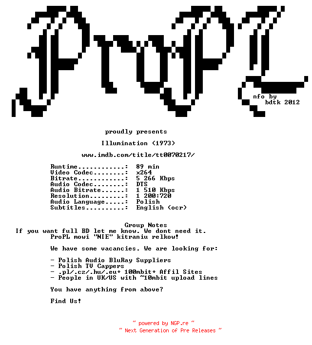 NFO for the release Illumination.1973.720p.BluRay.x264-ProPL by ProPL