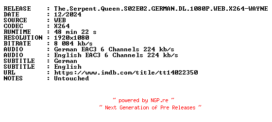 NFO for the release The.Serpent.Queen.S02E02.GERMAN.DL.1080P.WEB.X264-WAYNE by WAYNE