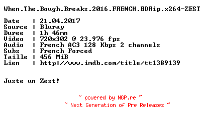 NFO for the release When.The.Bough.Breaks.2016.FRENCH.BDRip.x264-ZEST by ZEST