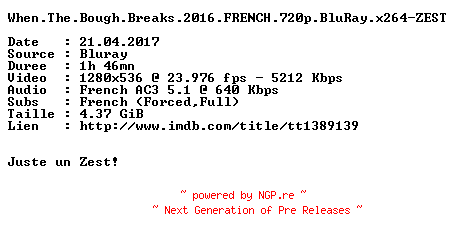 NFO for the release When.The.Bough.Breaks.2016.FRENCH.720p.BluRay.x264-ZEST by ZEST
