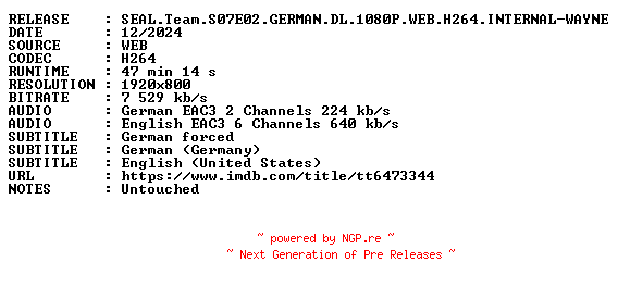 NFO for the release SEAL.Team.S07E02.GERMAN.DL.1080P.WEB.H264.INTERNAL-WAYNE by WAYNE