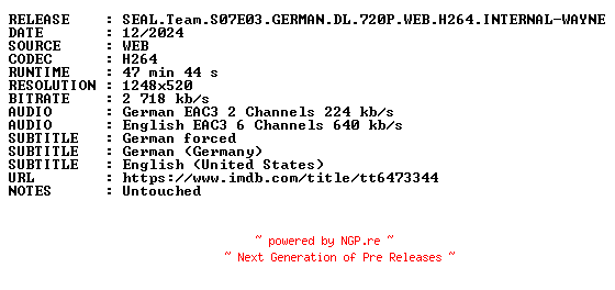 NFO for the release SEAL.Team.S07E03.GERMAN.DL.720P.WEB.H264.INTERNAL-WAYNE by WAYNE