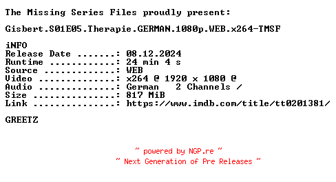 NFO for the release Gisbert.S01E05.Therapie.GERMAN.1080p.WEB.x264-TMSF by TMSF
