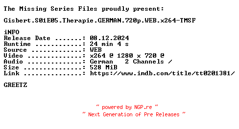 NFO for the release Gisbert.S01E05.Therapie.GERMAN.720p.WEB.x264-TMSF by TMSF