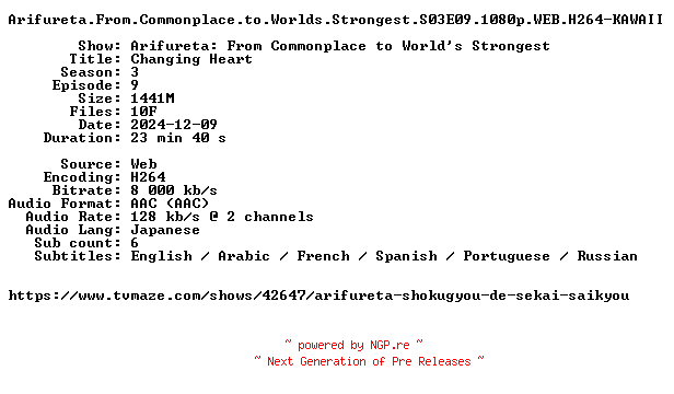 NFO for the release Arifureta.From.Commonplace.to.Worlds.Strongest.S03E09.1080p.WEB.H264-KAWAII by KAWAII
