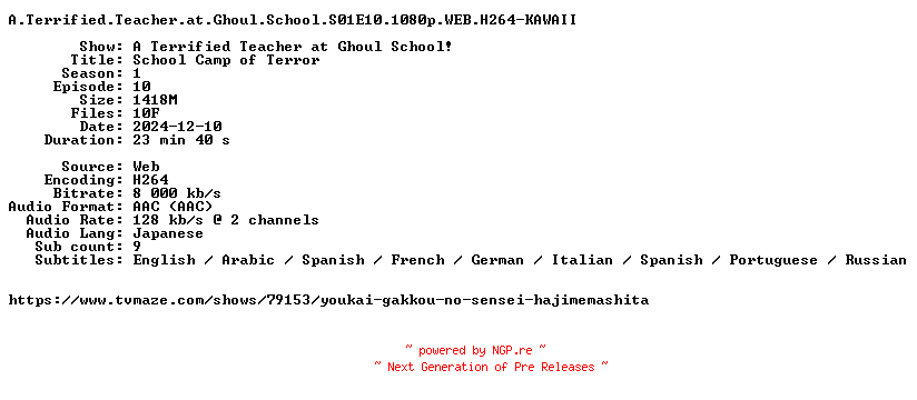 NFO for the release A.Terrified.Teacher.at.Ghoul.School.S01E10.1080p.WEB.H264-KAWAII by KAWAII