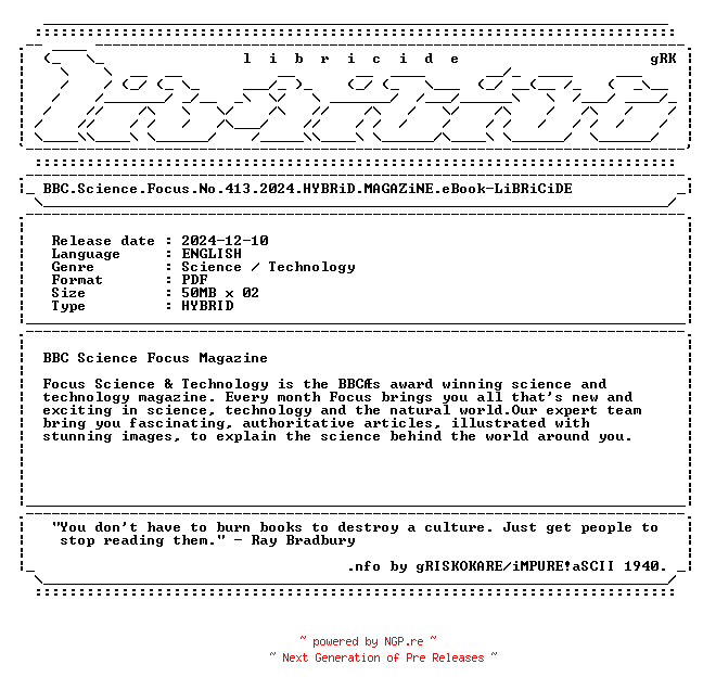NFO for the release BBC.Science.Focus.No.413.2024.HYBRiD.MAGAZiNE.eBook-LiBRiCiDE by LiBRiCiDE