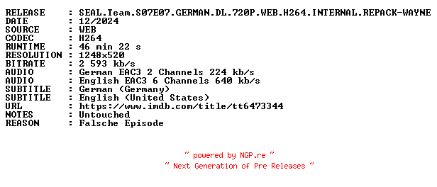 NFO for the release SEAL.Team.S07E07.GERMAN.DL.720P.WEB.H264.INTERNAL.REPACK-WAYNE by WAYNE