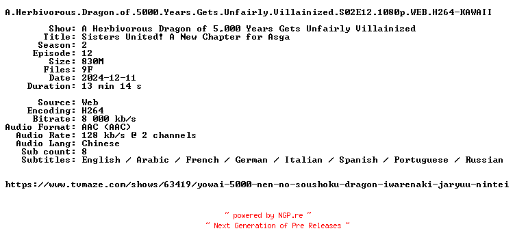 NFO for the release A.Herbivorous.Dragon.of.5000.Years.Gets.Unfairly.Villainized.S02E12.1080p.WEB.H264-KAWAII by KAWAII