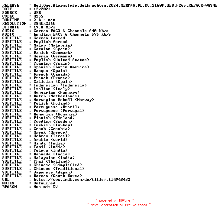 NFO for the release Red.One.Alarmstufe.Weihnachten.2024.GERMAN.DL.DV.2160P.WEB.H265.REPACK-WAYNE by WAYNE