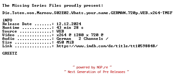 NFO for the release Die.Toten.von.Marnow.S02E02.Whats.your.name.GERMAN.720p.WEB.x264-TMSF by TMSF