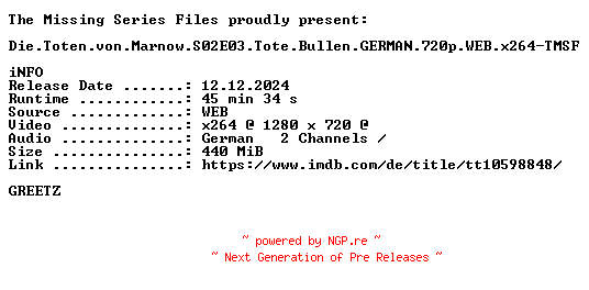 NFO for the release Die.Toten.von.Marnow.S02E03.Tote.Bullen.GERMAN.720p.WEB.x264-TMSF by TMSF