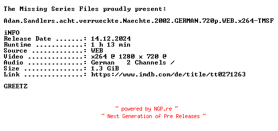 NFO for the release Adam.Sandlers.acht.verrueckte.Naechte.2002.GERMAN.720p.WEB.x264-TMSF by TMSF